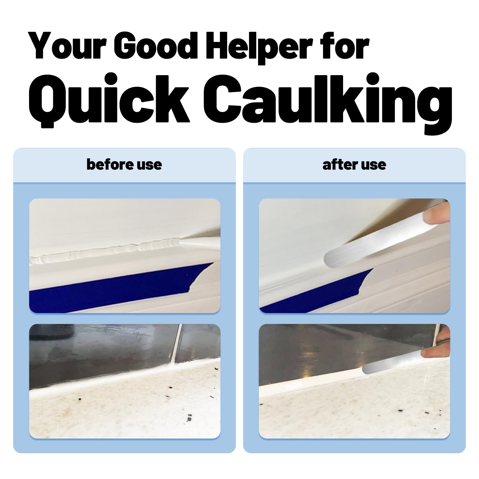 XYGOVIA caulk finishing tools in use at bathroom tub for neat seals