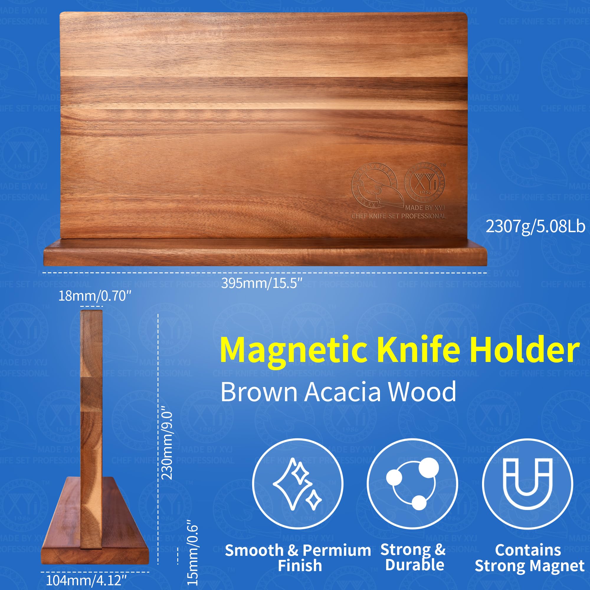 XYJ acacia wood knife block interior with knives secured safely.