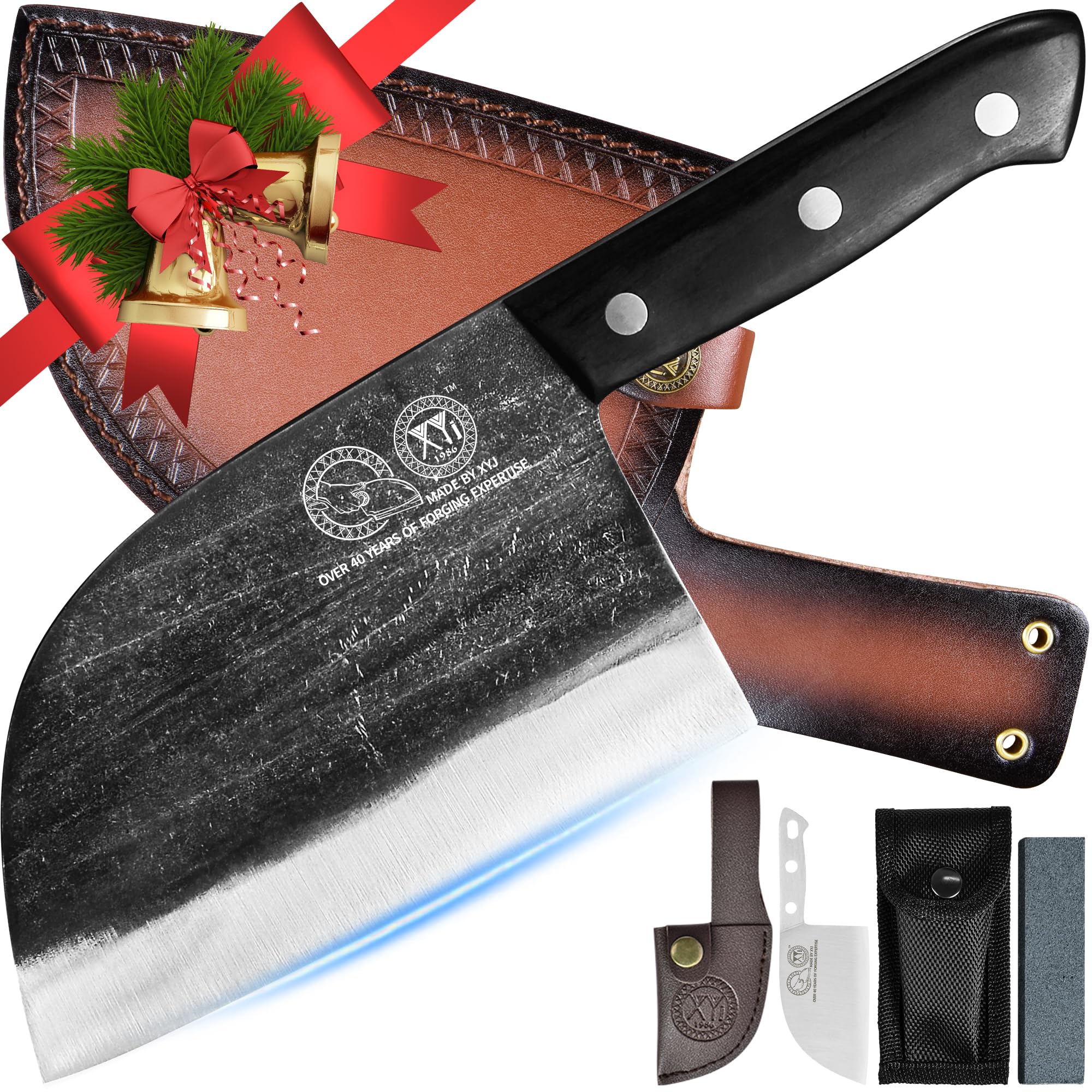 XYJ authentic 1986 full-tang chef knife ergonomic grip for precise cutting.