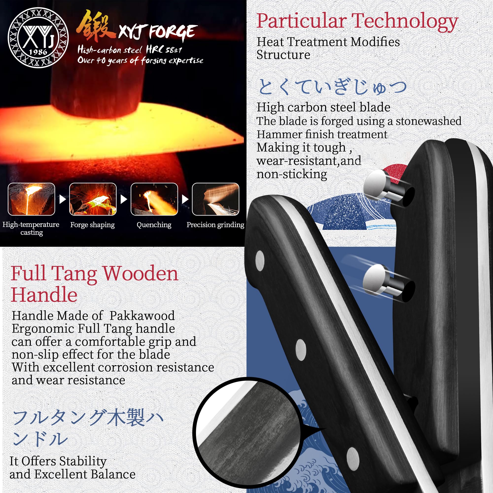 XYJ full tang ergonomic handle with reinforced rivets enables precise cutting