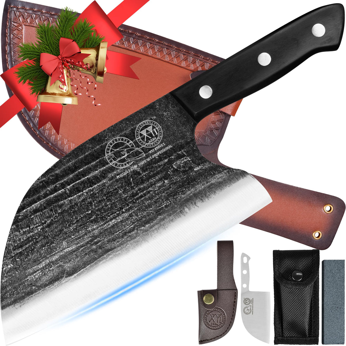 XYJ 8-inch full-tang Serbian chef knife for precise, balanced slicing.