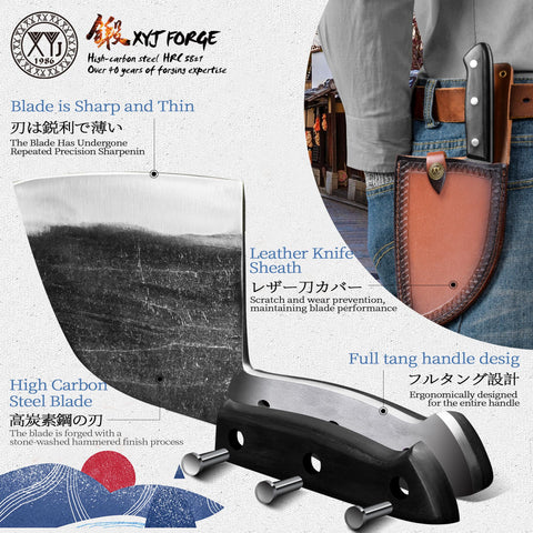 XYJ high carbon steel knife with hammered texture anti-stick surface for smooth slicing.