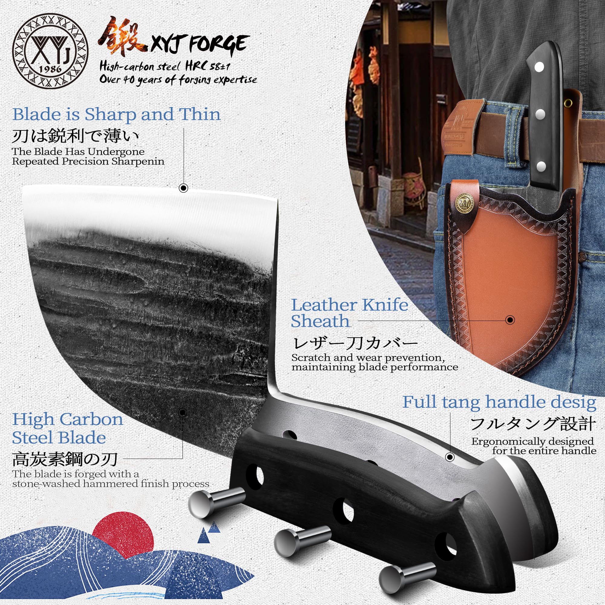 XYJ kitchen outdoor-ready knife with sheath protects blade during travel