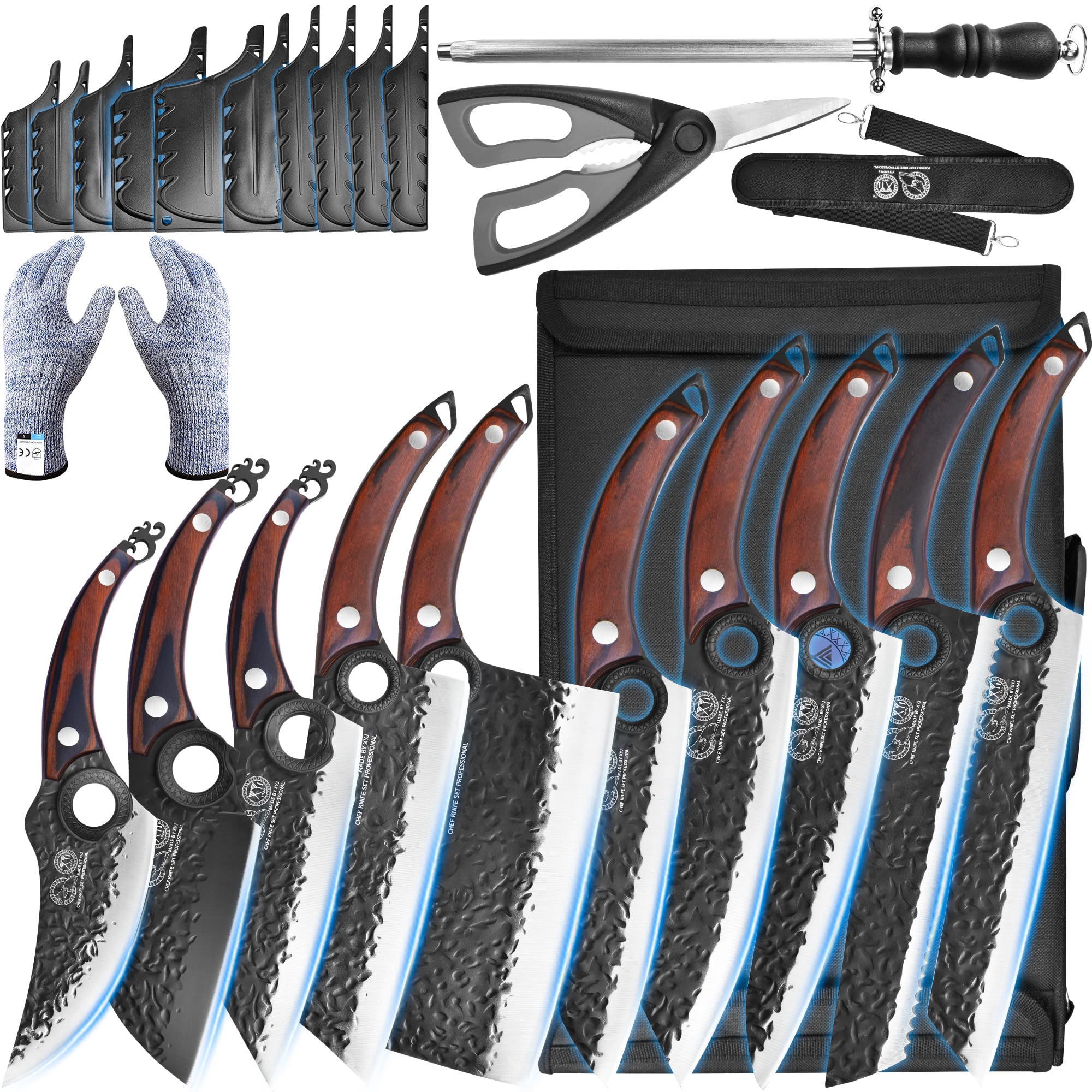 XYJ knife set blade closeup reveals sharp high-carbon edge for precise cuts.