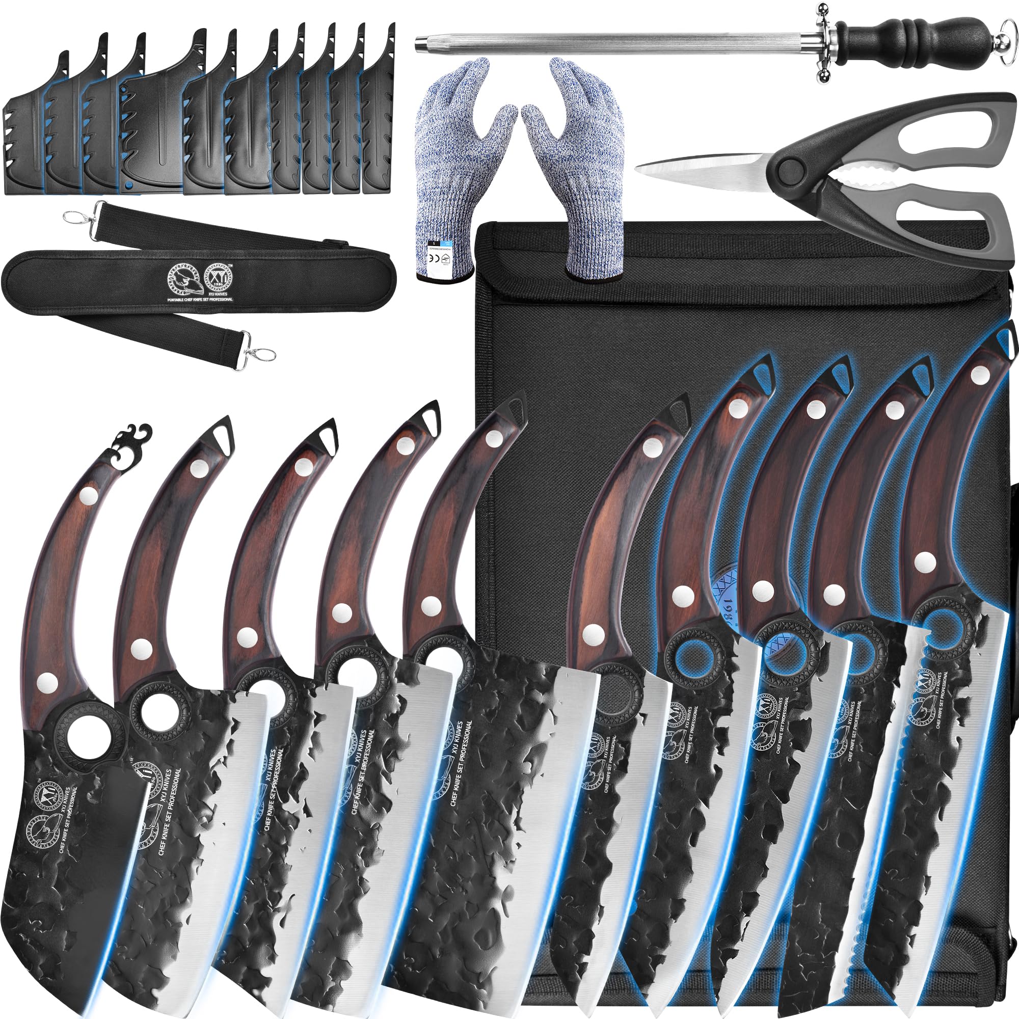 XYJ professional knife set blade collection shown for versatile prep.