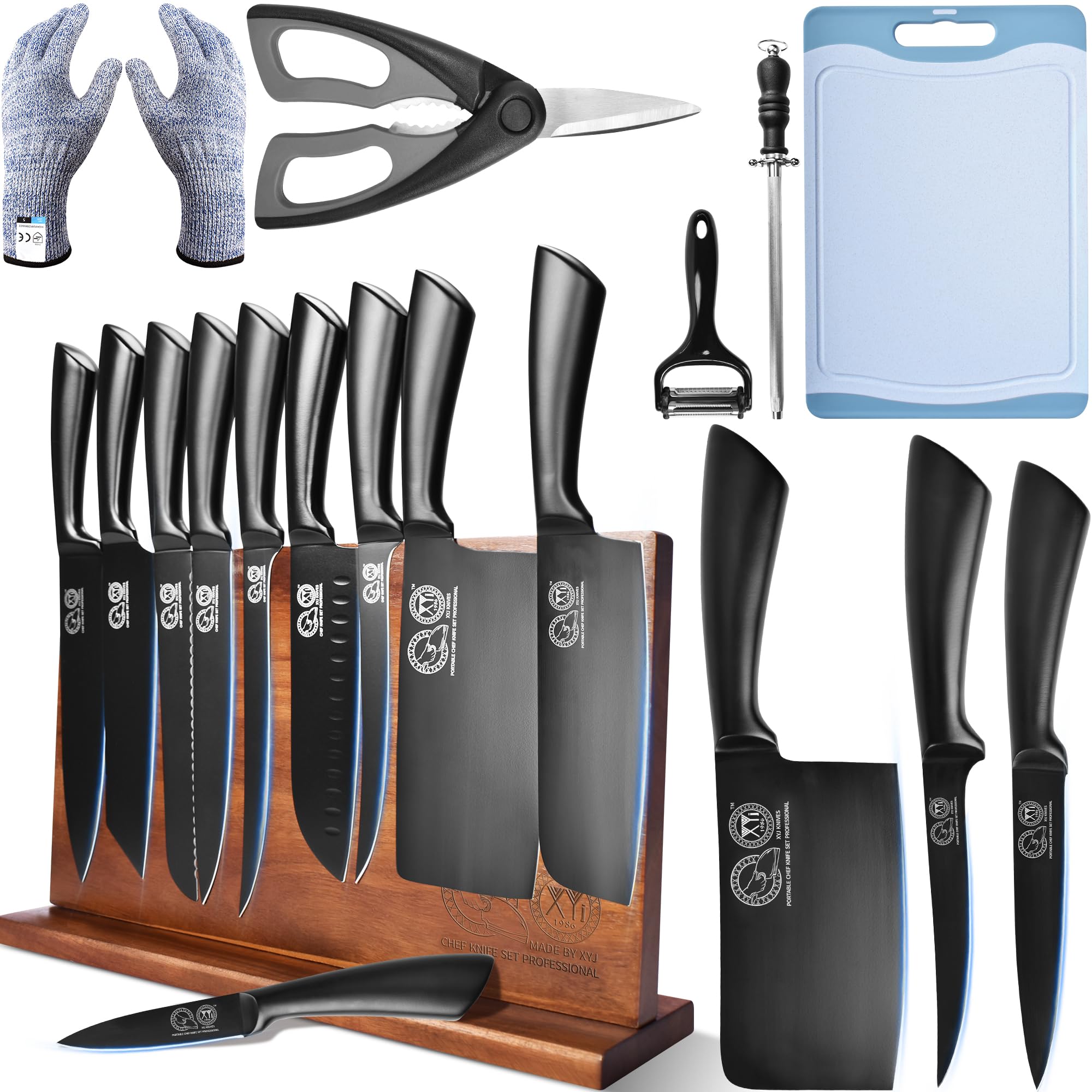 XYJ professional knife set with magnetic block for organized kitchen prep.