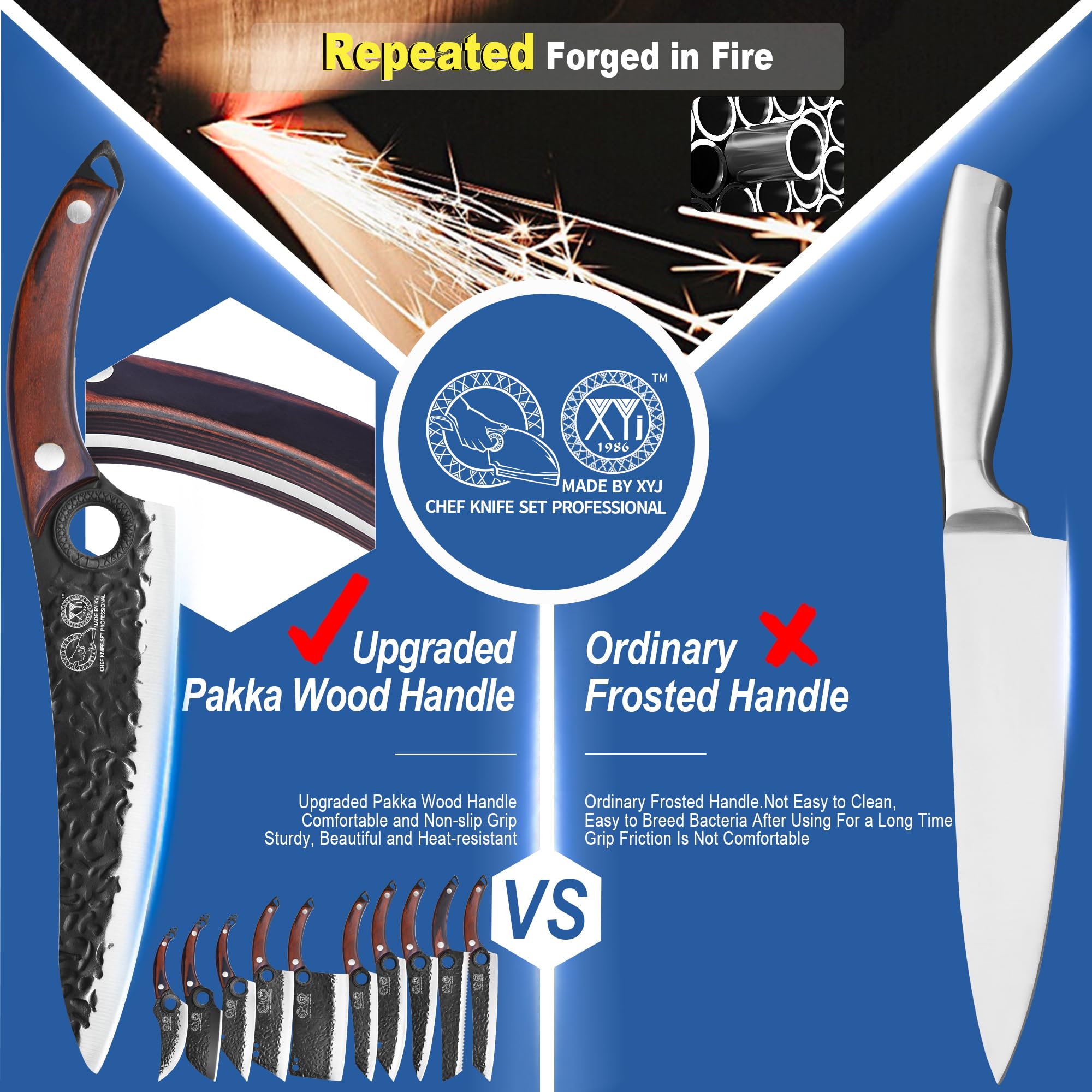 XYJ stonewashed blade finish highlights durability and reduced sticking during prep.