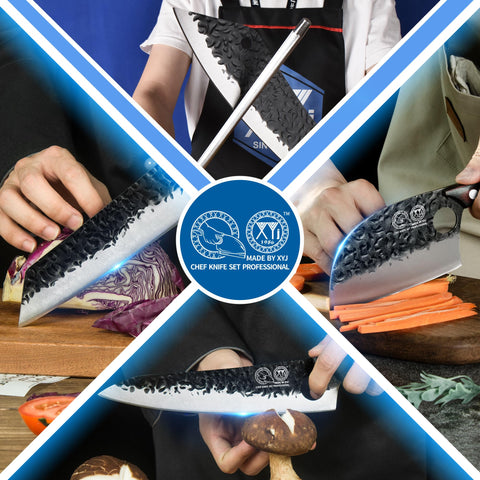XYJ stonewashed hammer-finish blade reduces sticking for smoother cuts.