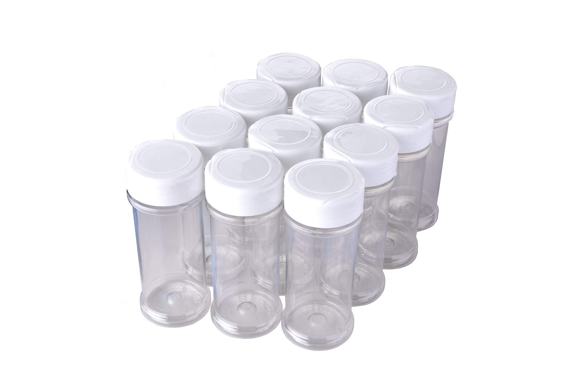 Xyloburst 12-pack clear spice bottles with 6 oz capacity for organized seasoning.