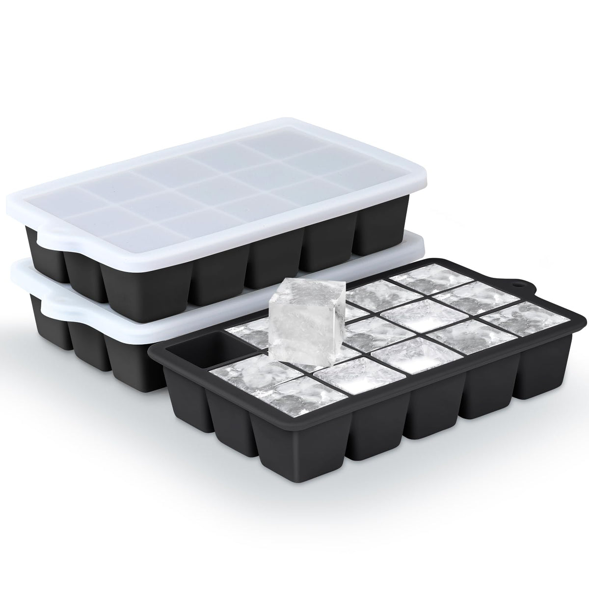 Xyuetia silicone ice cube tray with lid for easy release and stackable freezer storage.