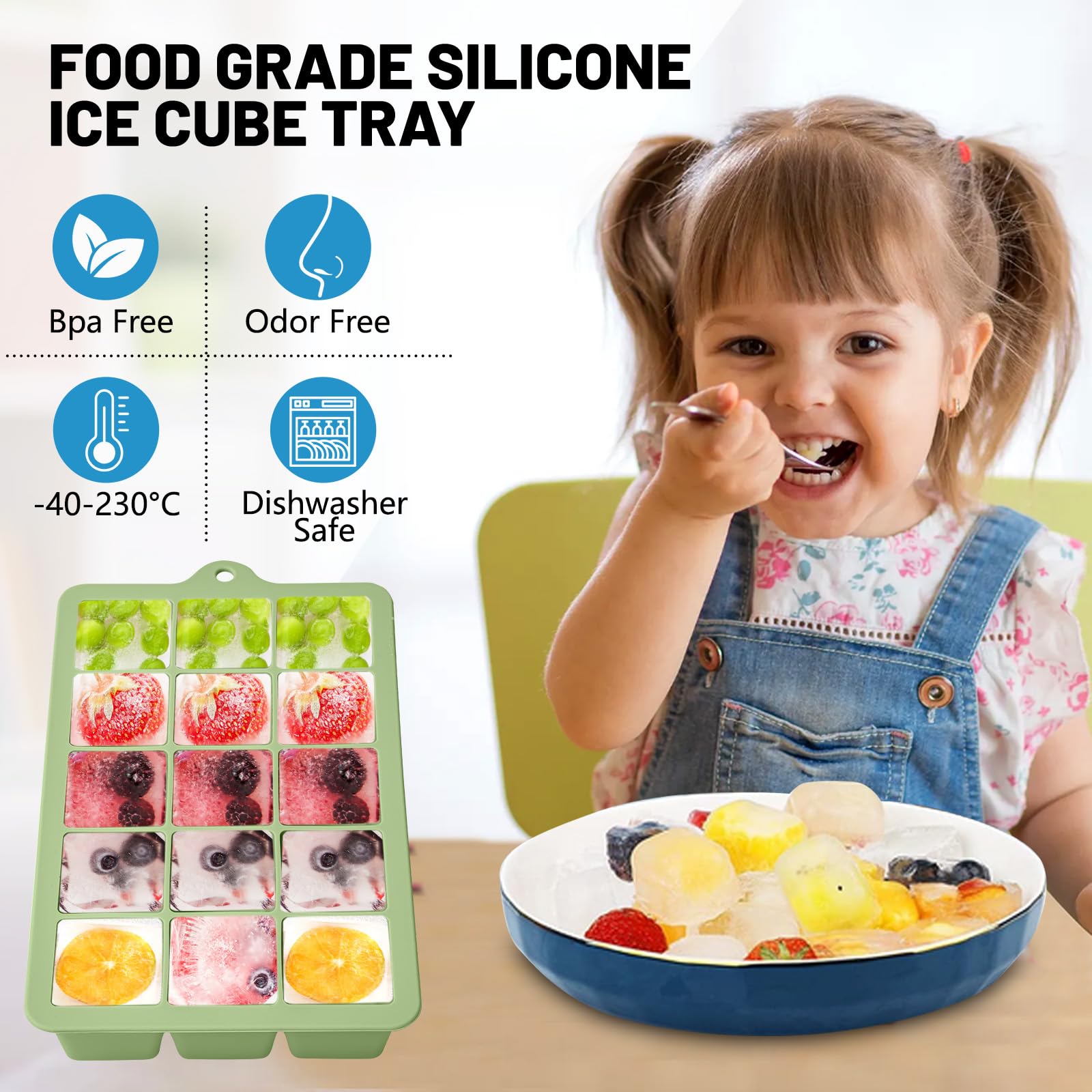 Xyuetia silicone ice tray green with lid preserves freshness and prevents fridge odor.