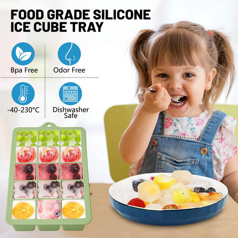 Xyuetia silicone ice tray green with lid preserves freshness and prevents fridge odor.