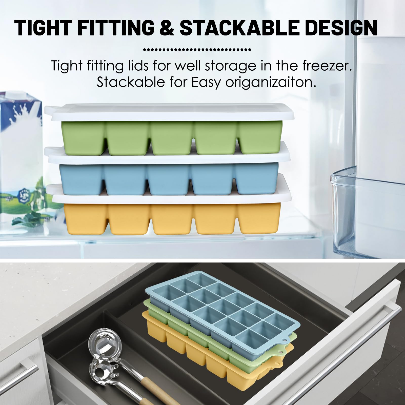 Xyuetia silicone ice tray yellow stackable design saves freezer space.