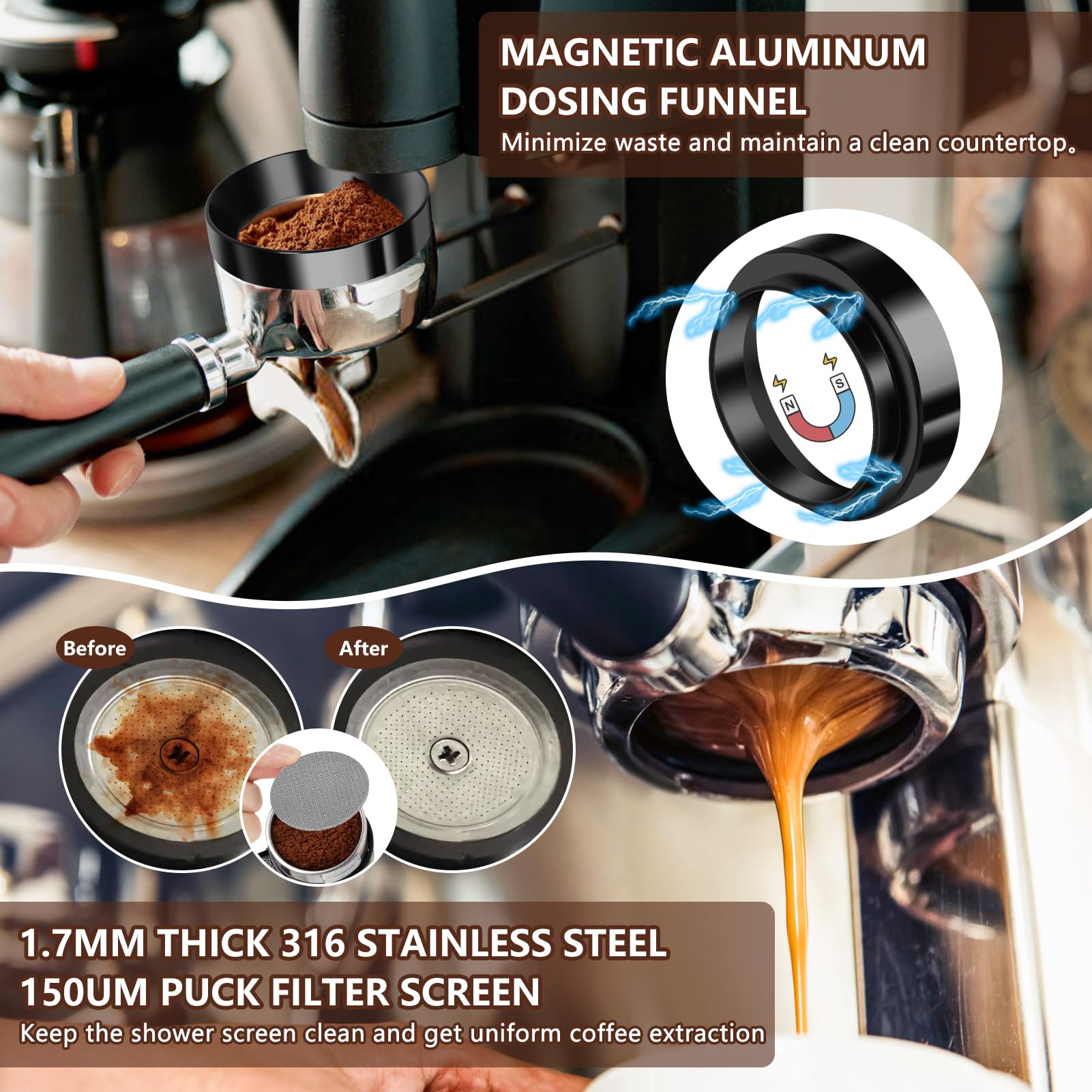 Y-Step magnetic dosing funnel 51mm catches grounds and reduces mess