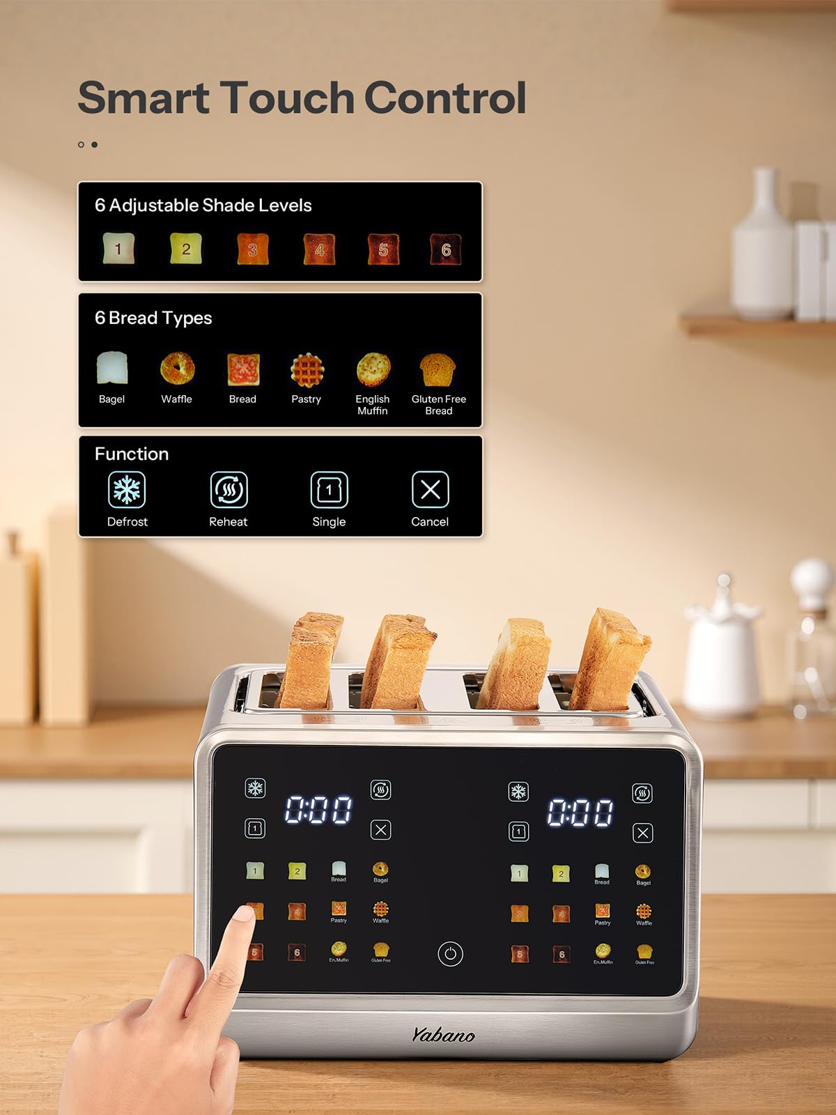 Yabano digital touch panel for precise browning control and settings.