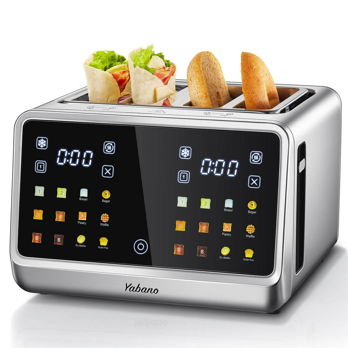 Yabano front view of the 4-slice toaster showing compact design and form factor.