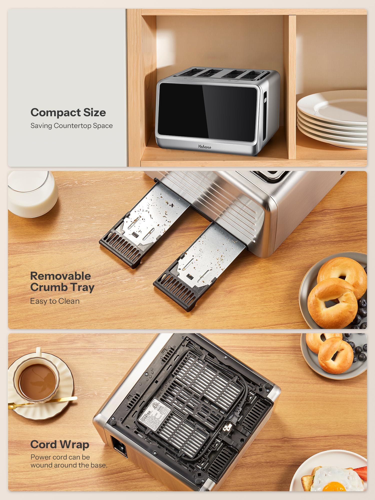 Yabano removable crumb tray shown for easy cleanup after toasting.