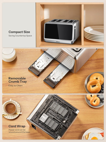 Yabano removable crumb tray shown for easy cleanup after toasting.