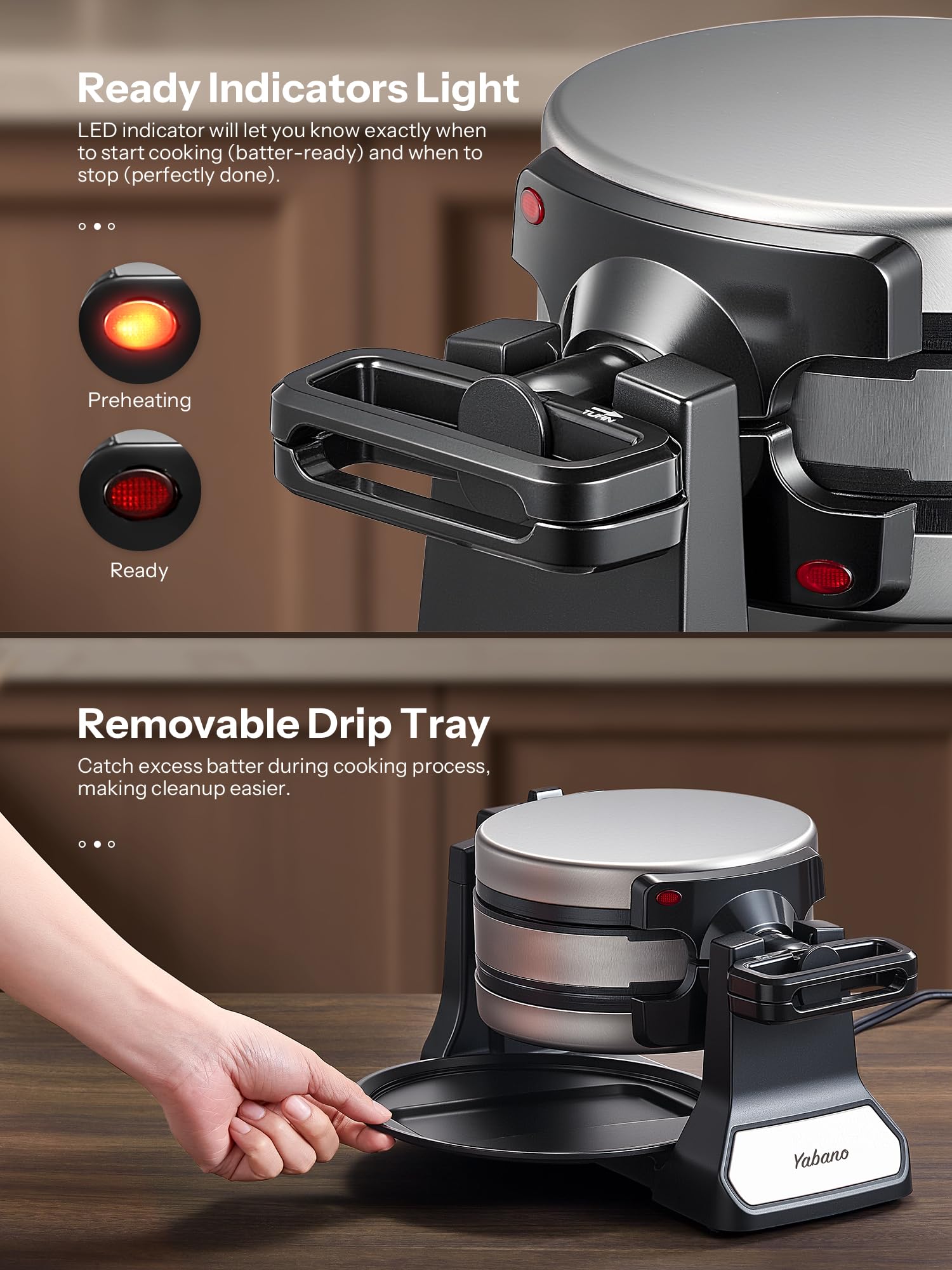 Yabano waffle maker with cool touch handles for safe, comfortable operation