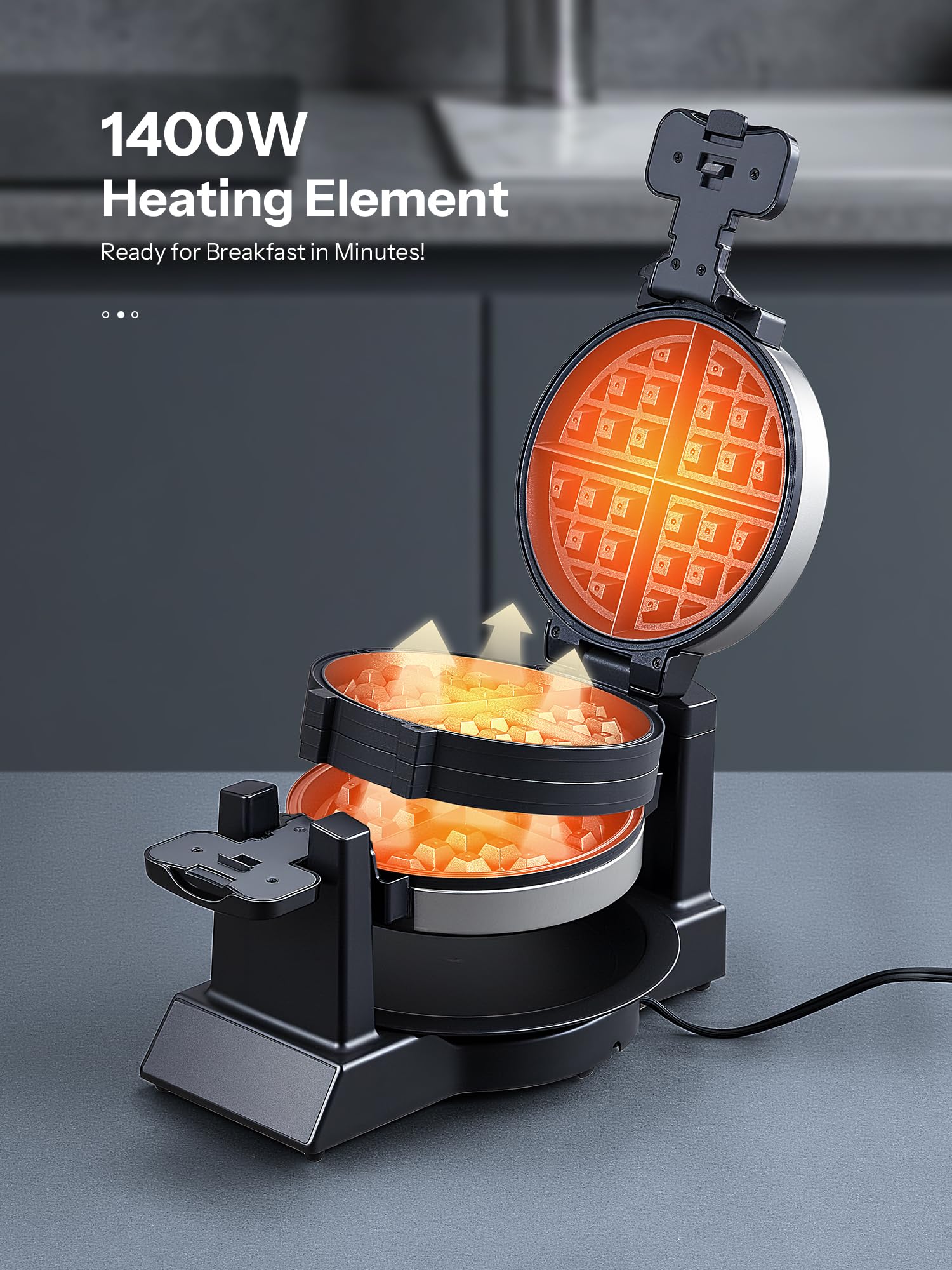 Yabano double-rotation waffle maker bakes two thick waffles simultaneously.
