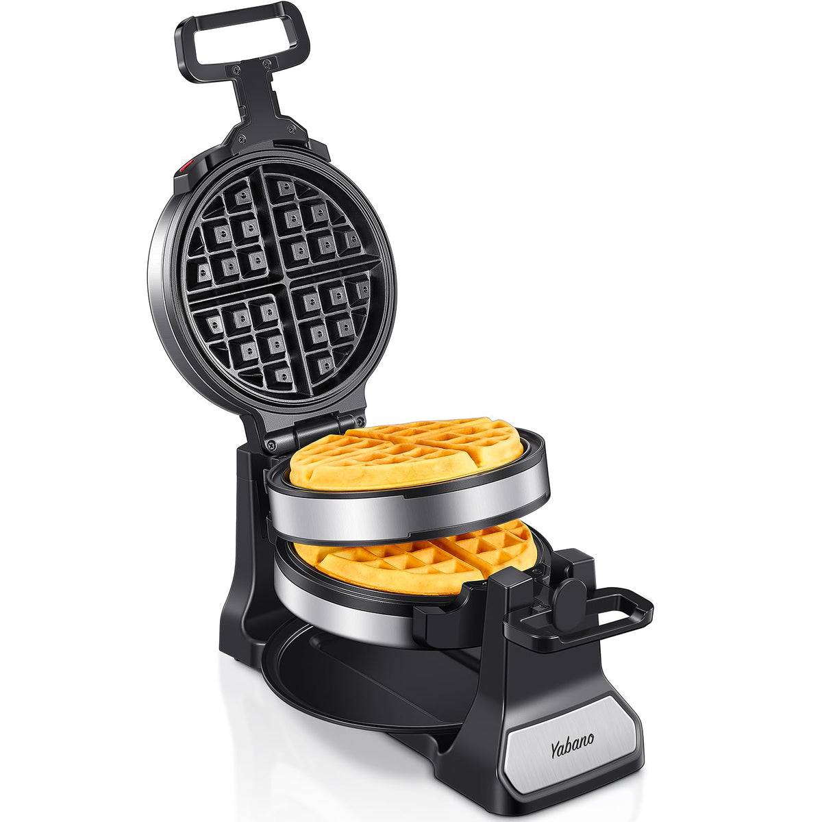 Yabano Belgian Waffle Maker with rotating design improves even browning for Belgian waffles