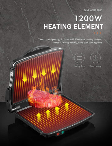 Yabano Panini Press Grill shows 180-degree opening for flat grilling