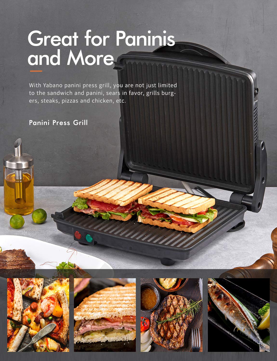 Yabano Panini Press Grill removable drip tray catches fats for easy disposal