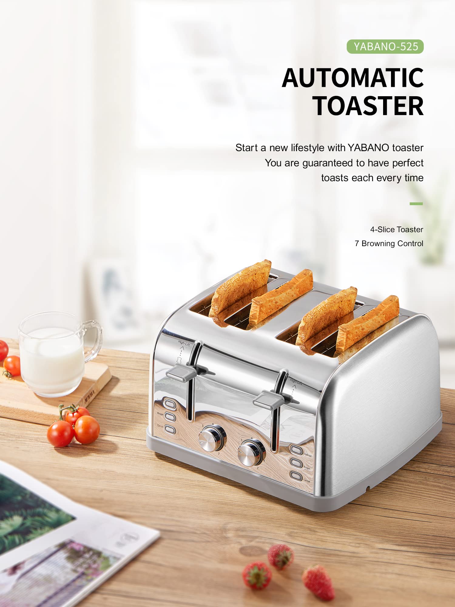 Yabano toaster stainless steel body for durable, sleek kitchen appeal