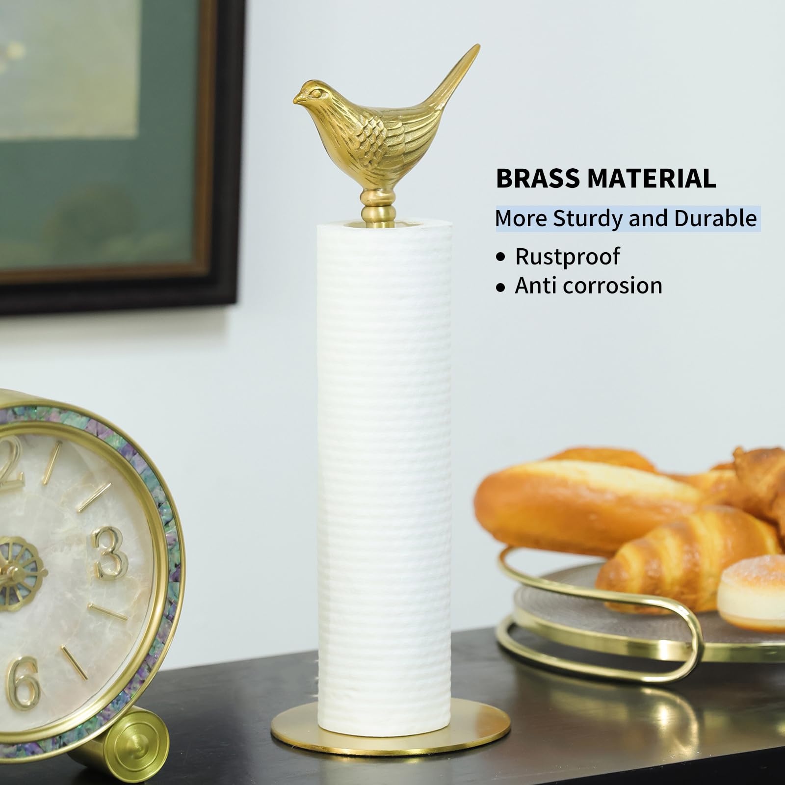 YACSNBF brass paper towel holder bird detail highlighting handcrafted charm