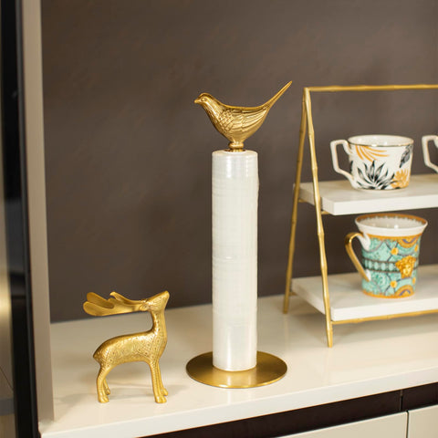 YACSNBF brass paper towel holder side view with elegant bird accent