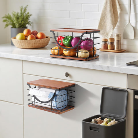 Removable bamboo lid doubles as extra surface for light items.