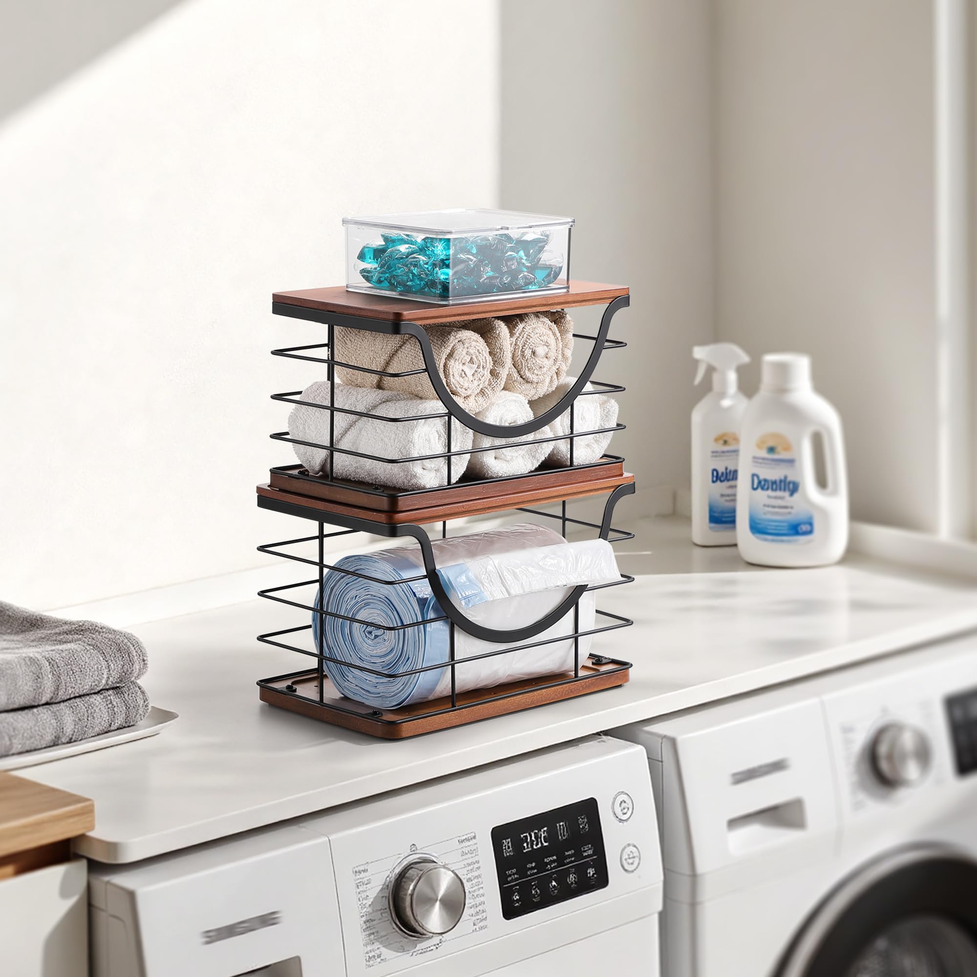 Stackable organizer saves counter and under-sink space for large 13- or 33-gallon bags.