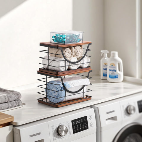 Stackable organizer saves counter and under-sink space for large 13- or 33-gallon bags.
