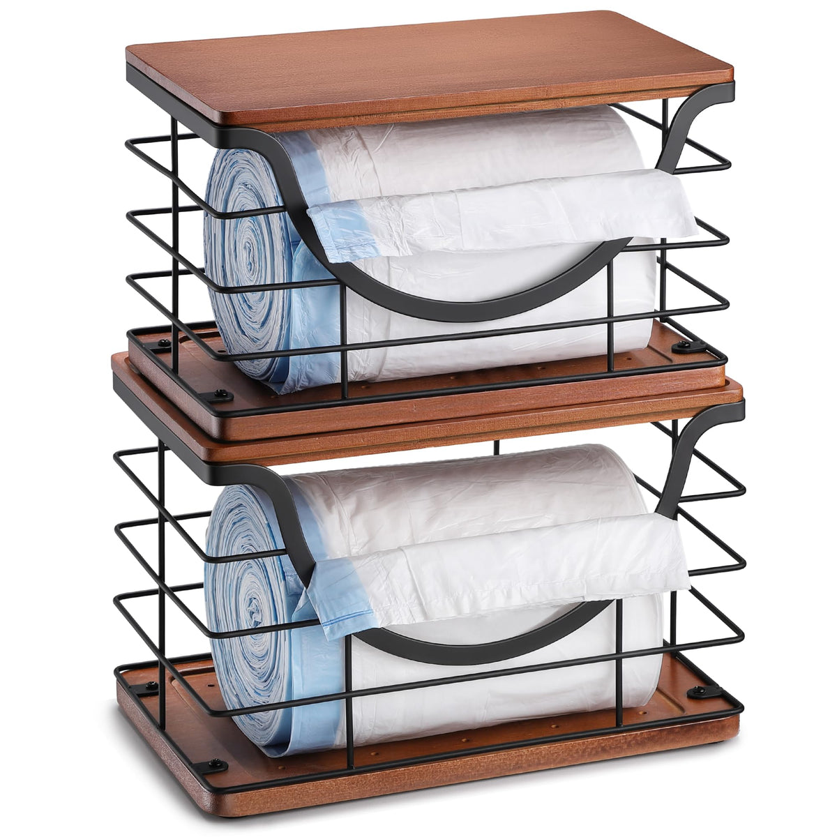 YAFFWA trash bag holder with bamboo top mounted on wall for easy access.