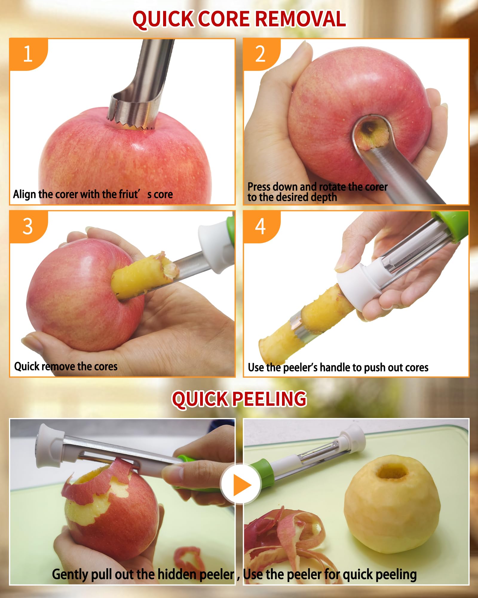 YAKAUEI apple peeler feature close-up highlights quick prep.