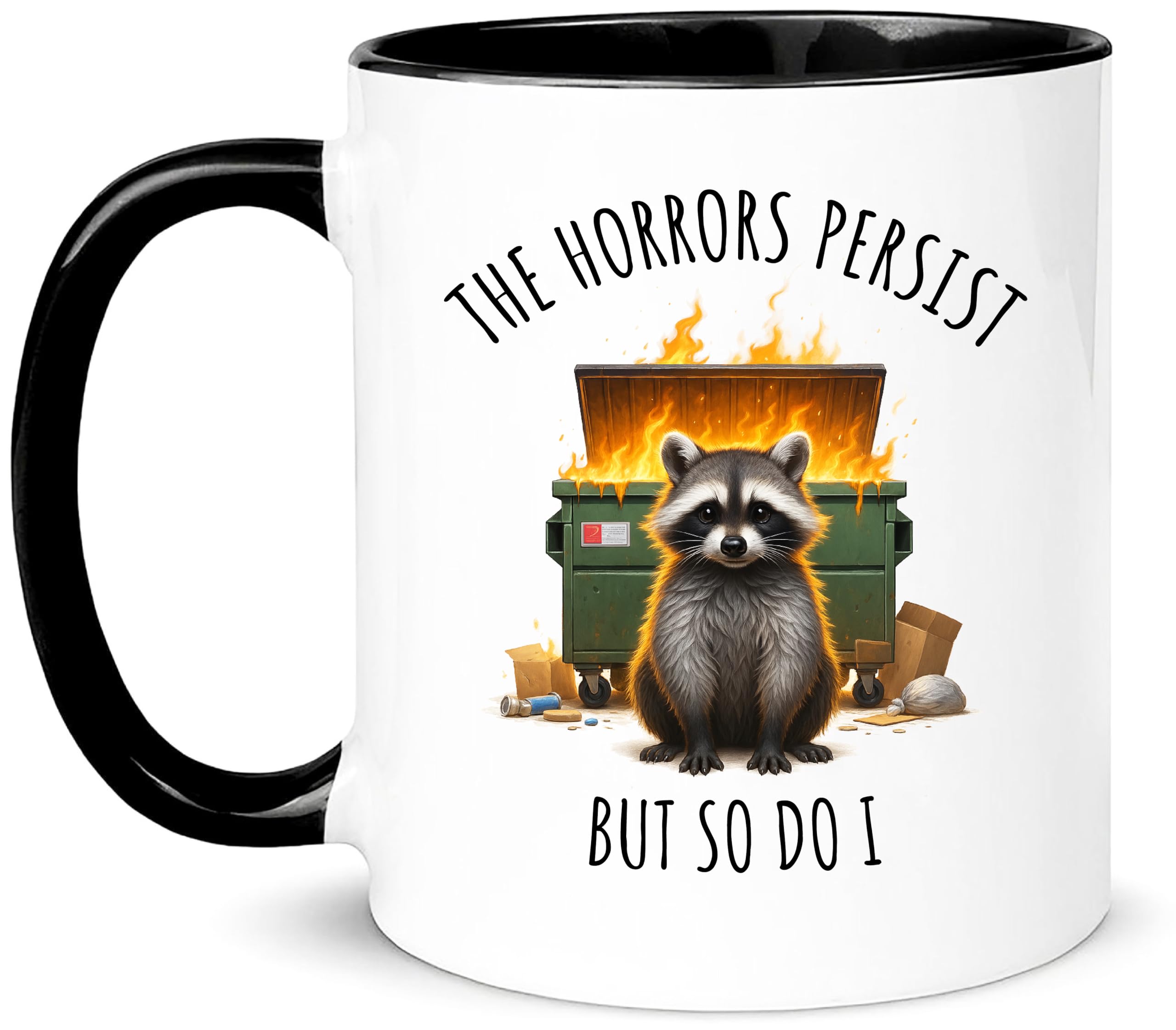 Yalocib raccoon trash-fire mug features double-sided print for flexible display