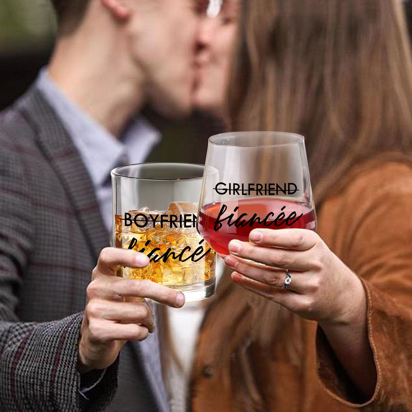 Yalucky 10oz whiskey glass with Boyfriend → Fiance engraving, ideal for toasts.