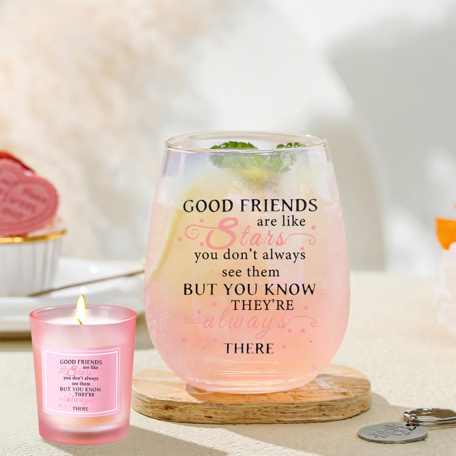 Yalucky iridescent stemless wine glass with shimmering finish.