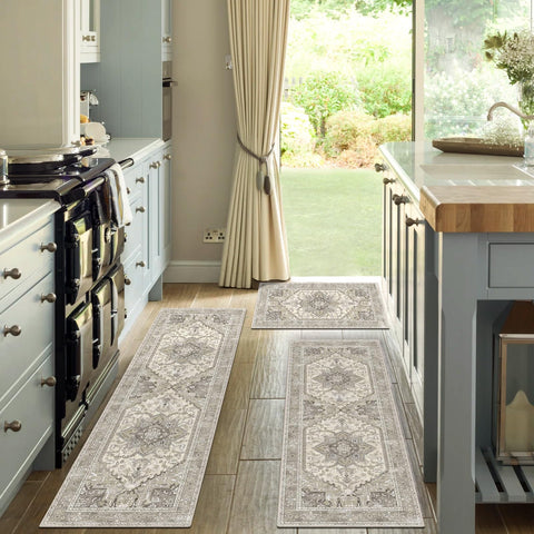 Yamaziot Boho rug placed near sink or hallway boosts cozy decor.