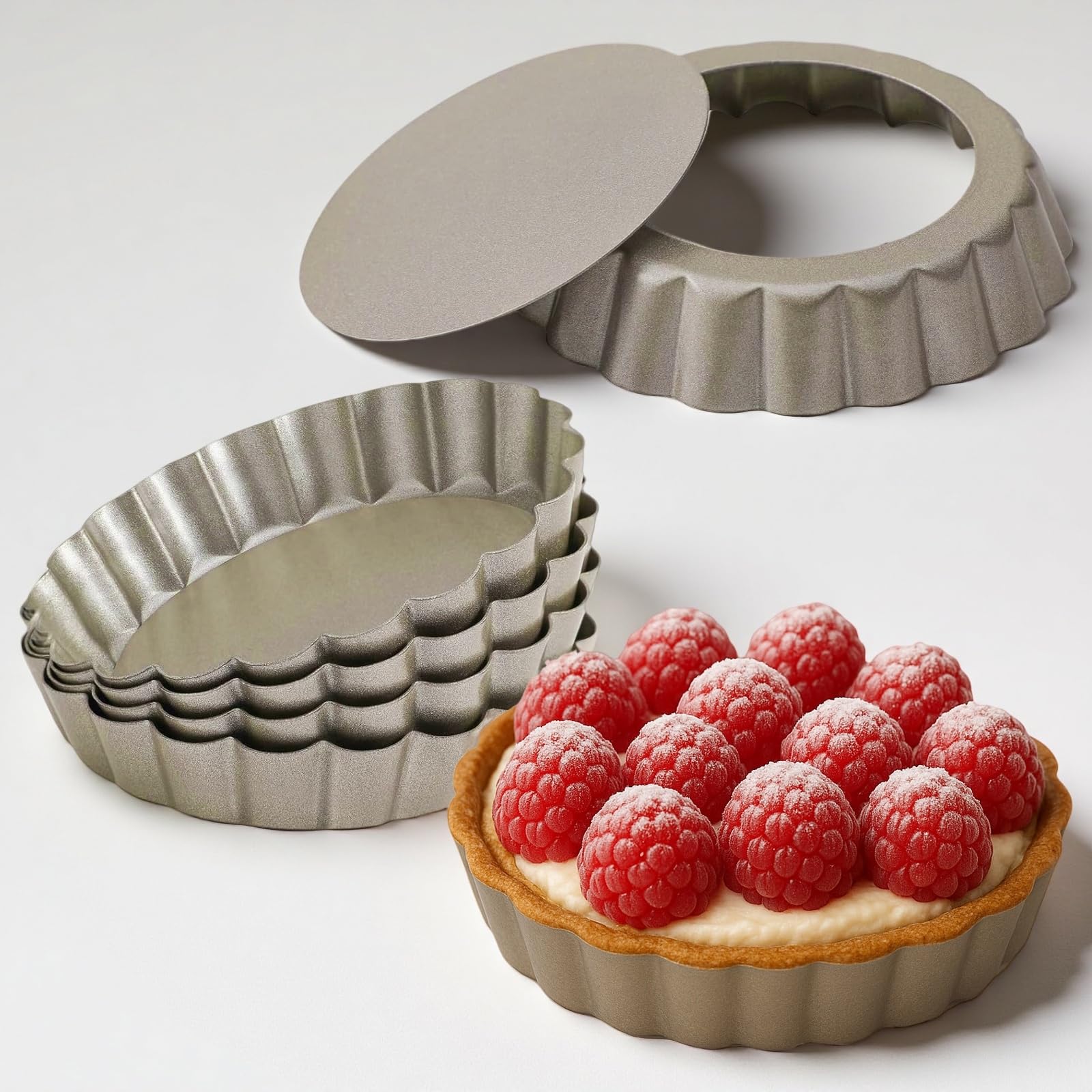 Yamteck 4-inch mini quiche pans with a gold finish for festive baking and even heat distribution.