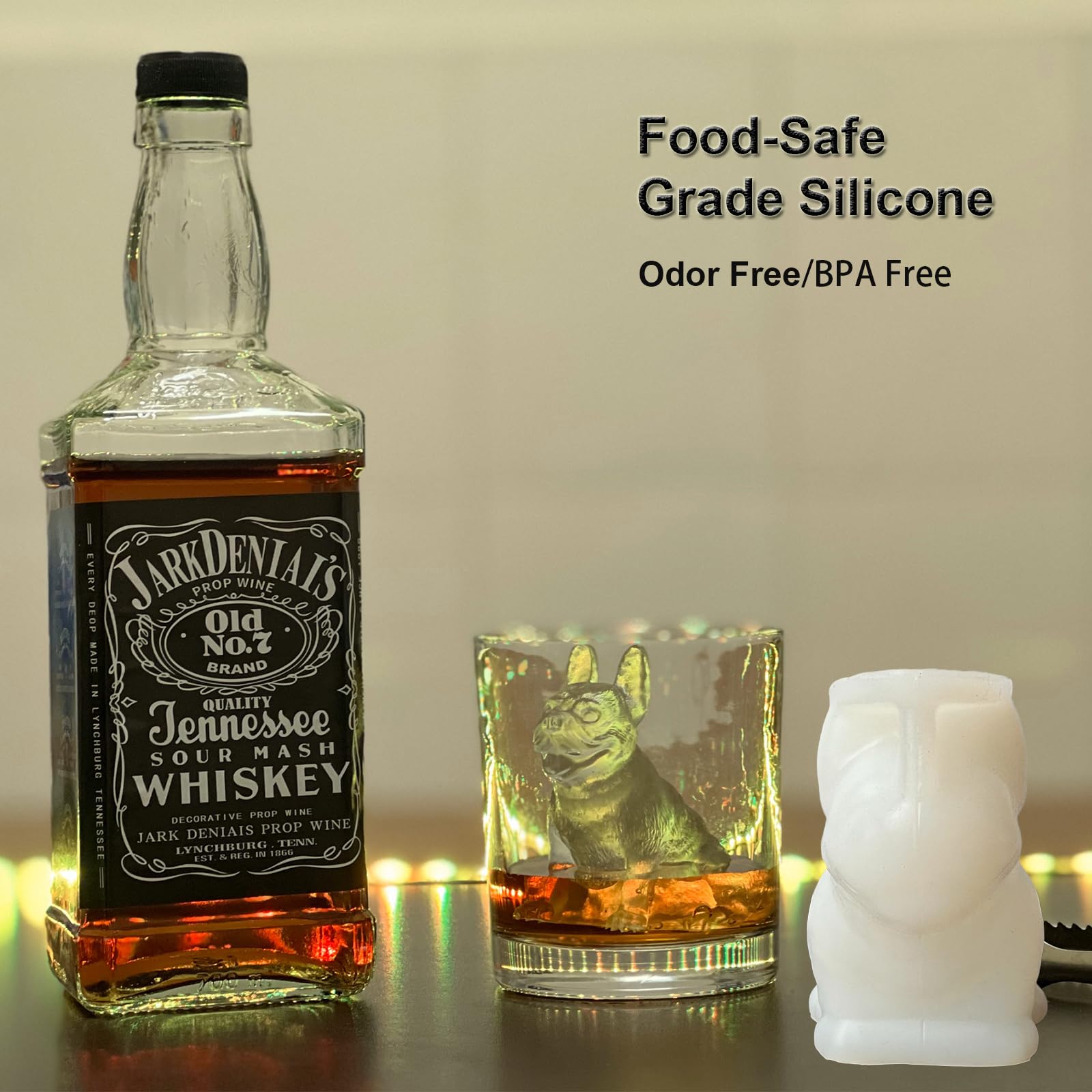 Yamteck drink setup with whiskey glass featuring bulldog ice cubes for presentation
