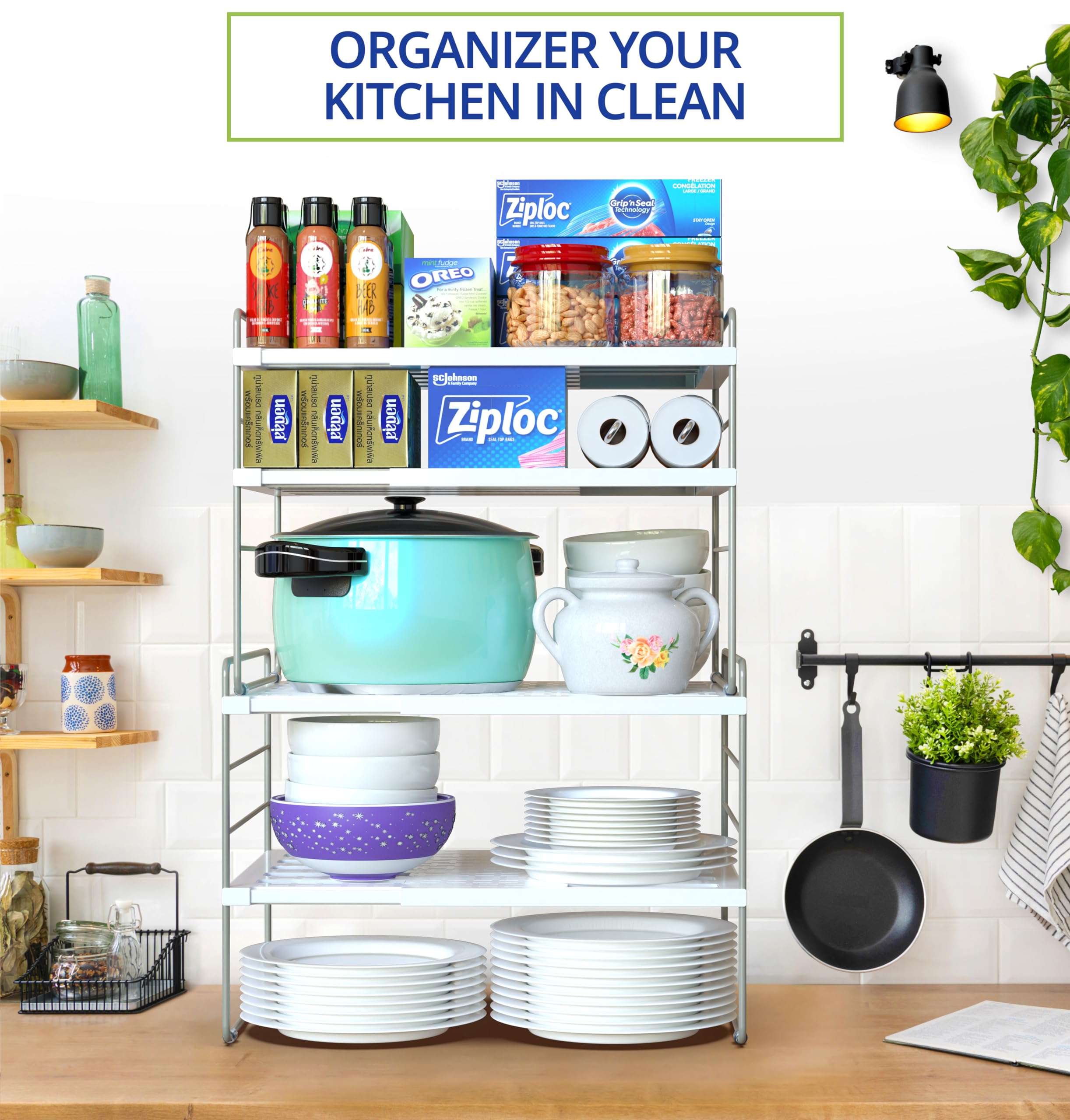 YAN & HIN versatile cabinet shelves hold bags, foil, and more.
