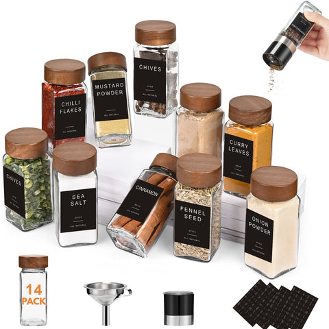 Yangbaga 14-piece glass spice jars with acacia lids on a kitchen rack keep spices fresh
