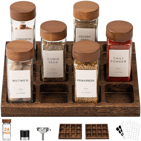 Yangbaga 24pc glass spice jars with lids for clear, organized spice storage.