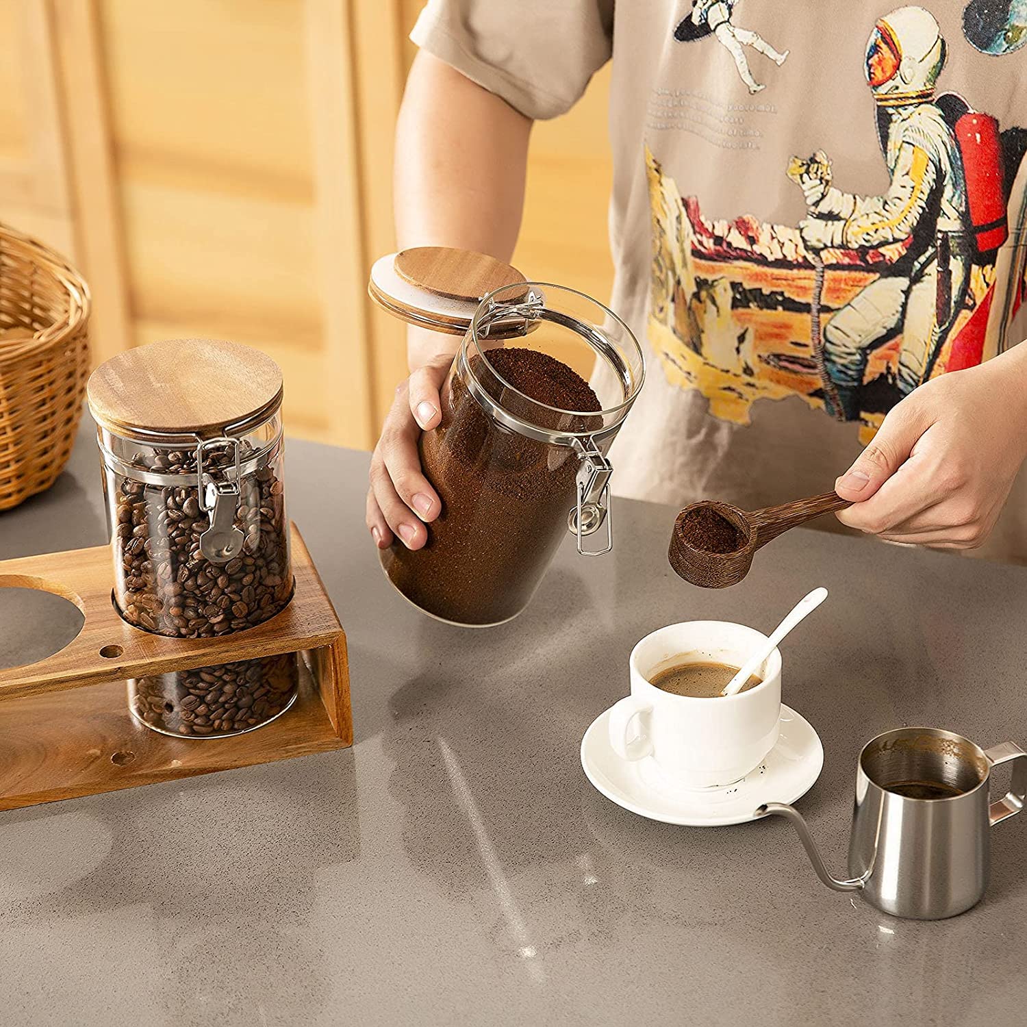 Yangbaga coffee-bar organizer includes wood spoon for scooping.