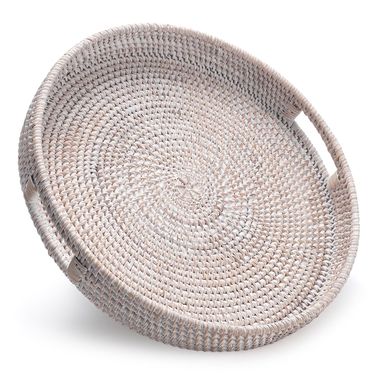 YANGQIHOME 13-8-inch round rattan tray for serving with natural texture and sturdy construction.