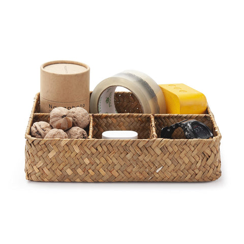 YANGQIHOME wicker divided basket organizes small items in kitchen or living room.