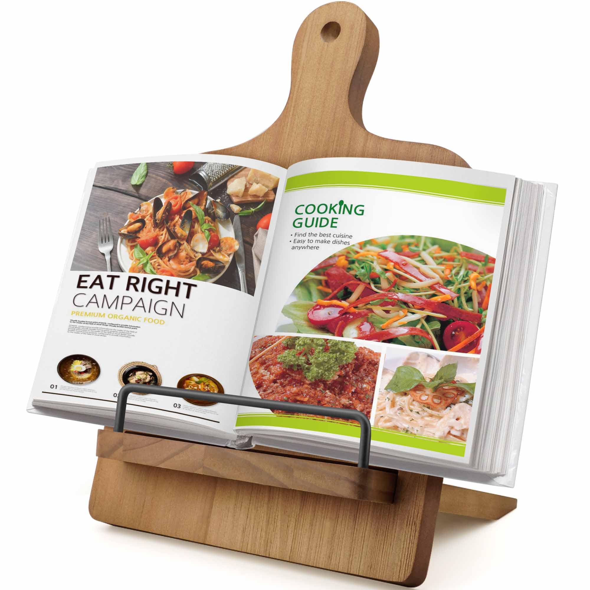 Yangshuo cookbook stand in warm cedar wood holds recipes hands-free