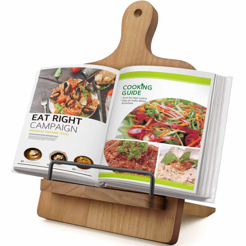 Yangshuo cookbook stand in warm cedar wood holds recipes hands-free