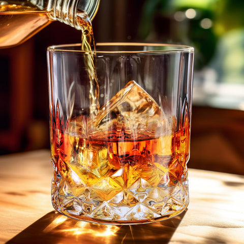 Yaomiao carved-pattern rocks glass adds grip and sophistication to each pour.